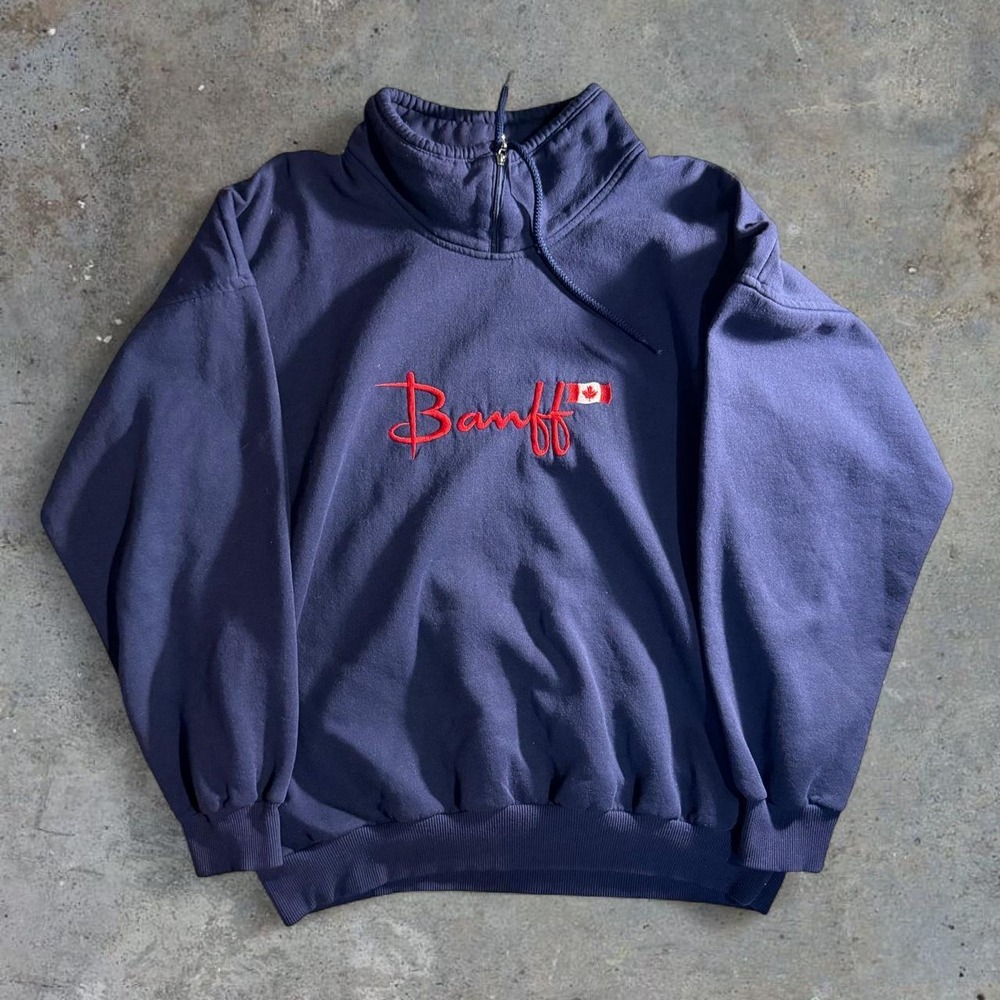 Vintage Cityscape Banff Canada Navy Blue Quarter Zip Sweatshirt Mens XL